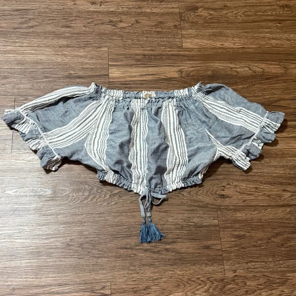 Surf Gypsy Women's Off-Shoulder Striped Top Cotton Gray White Size Medium